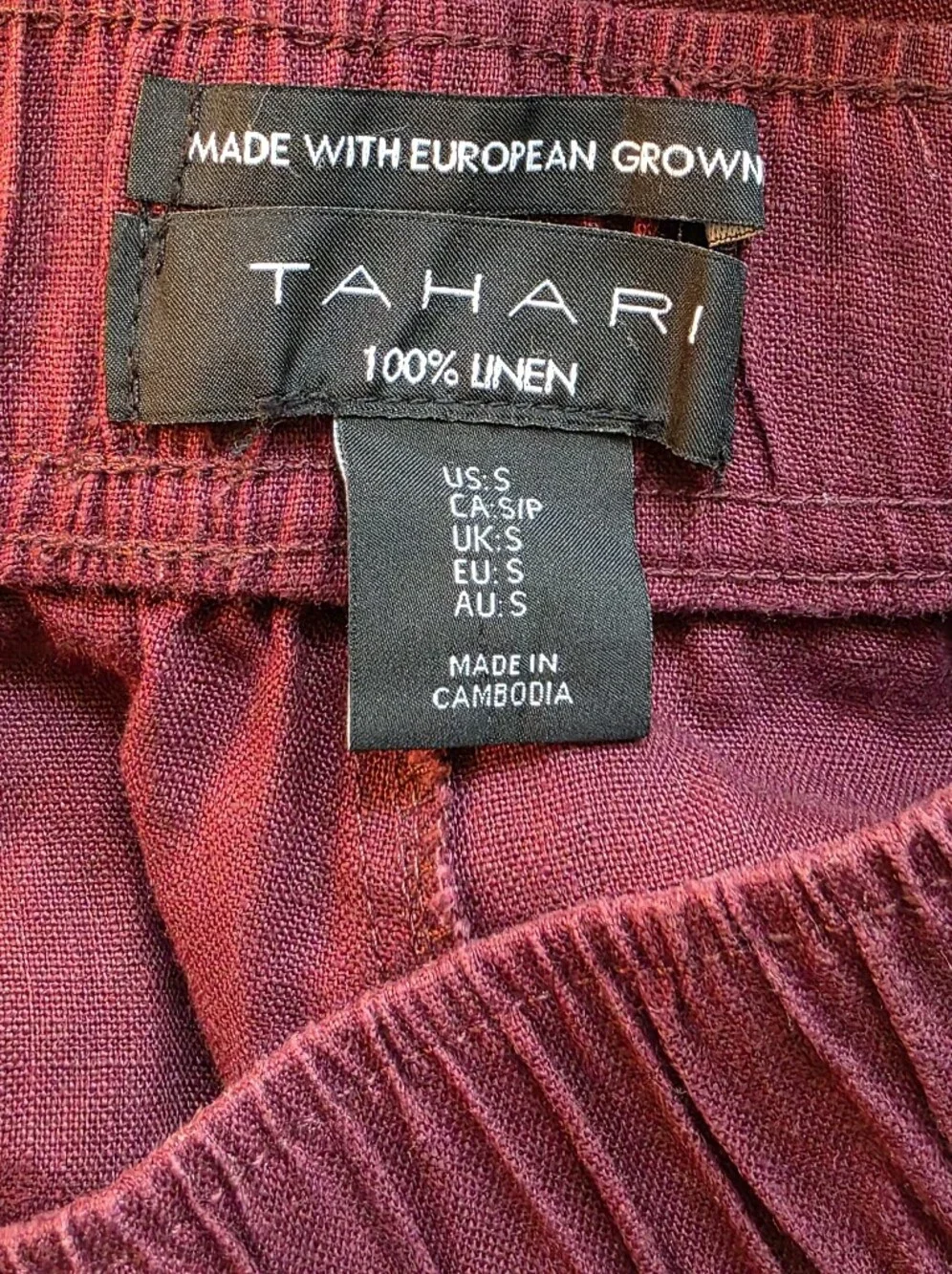 Tahari Relaxed 100% Linen Pants in Dark Red Wine Size Small